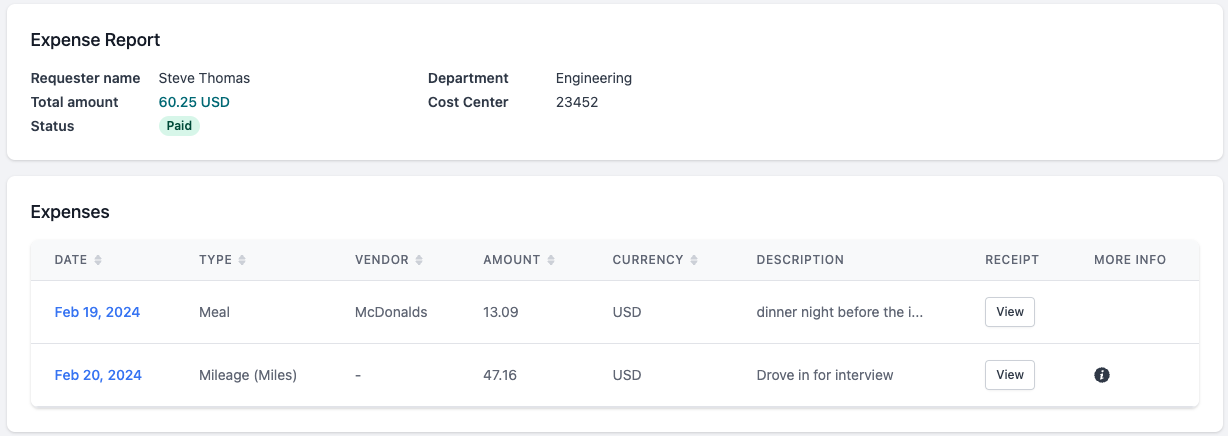 Screenshot of Reimbi app expense report