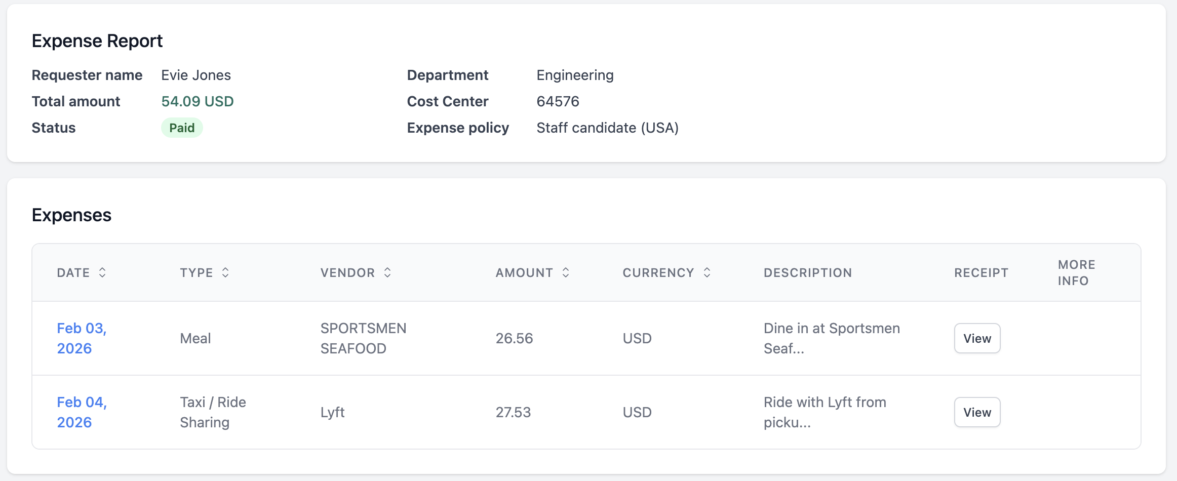 Screenshot of Reimbi app expense report